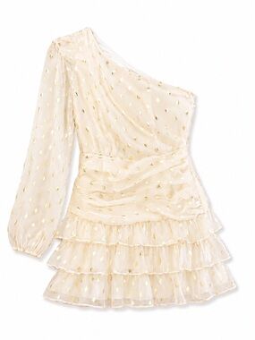 DO + BE One Shoulder Gold Foil Polka Dot Ruffle Mini Dress Size M